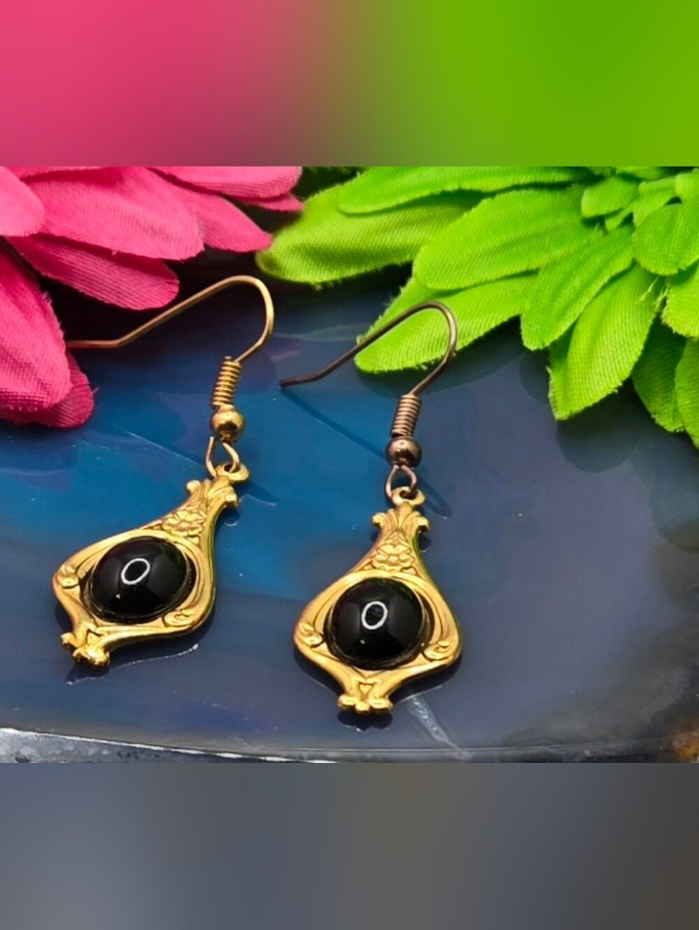 Black Cabochon Drop Earrings Gold Tone Fishhook Wires for Pierced Ears